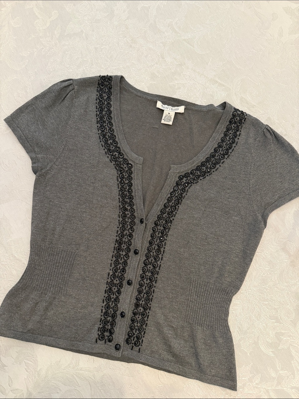 White House Black Market Gray Short-Sleeve V-Neck Cardigan with Black BeadedTrim